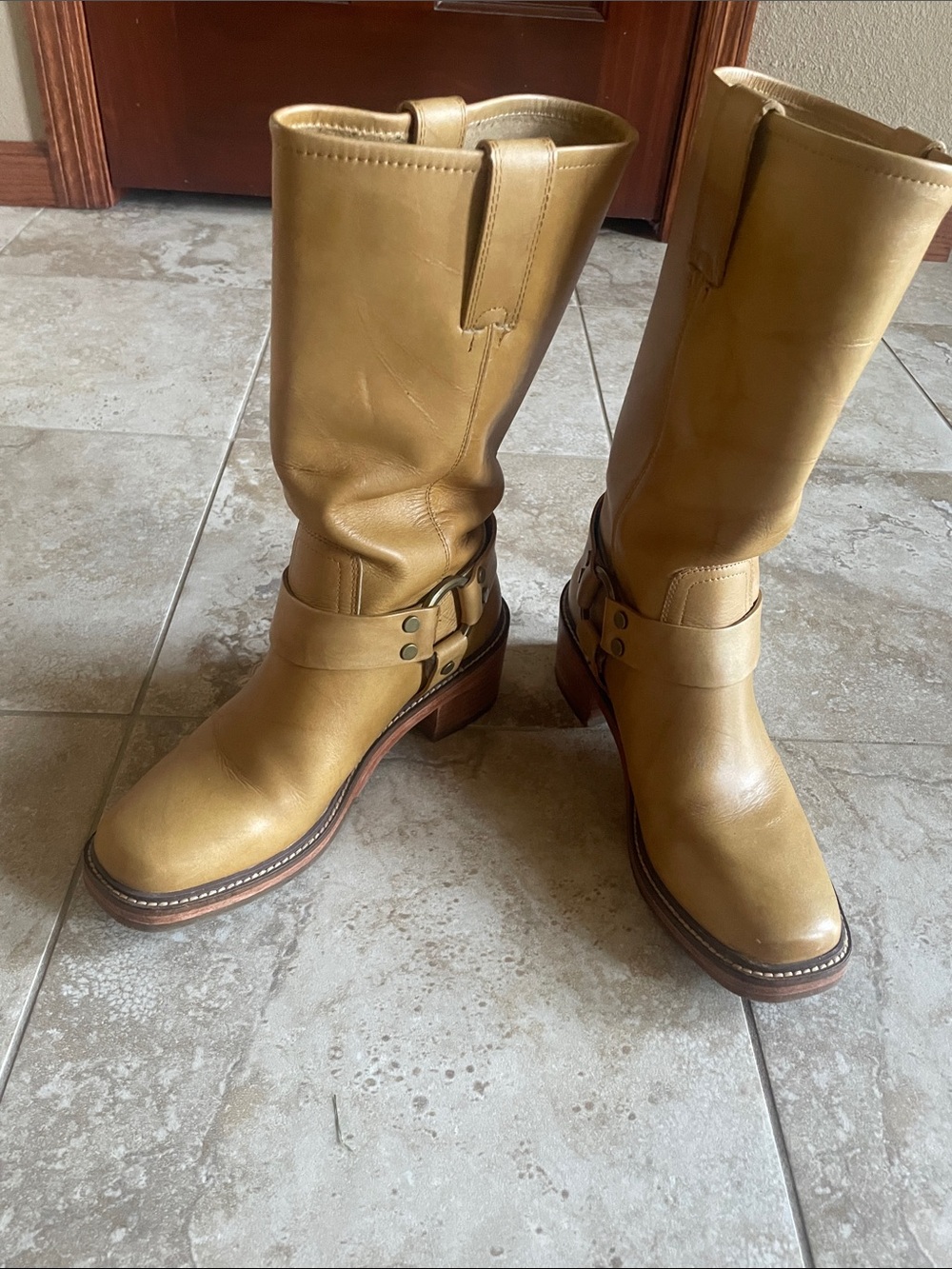 Frye Mustard-Tone Harness Mid-Calf Leather Boots